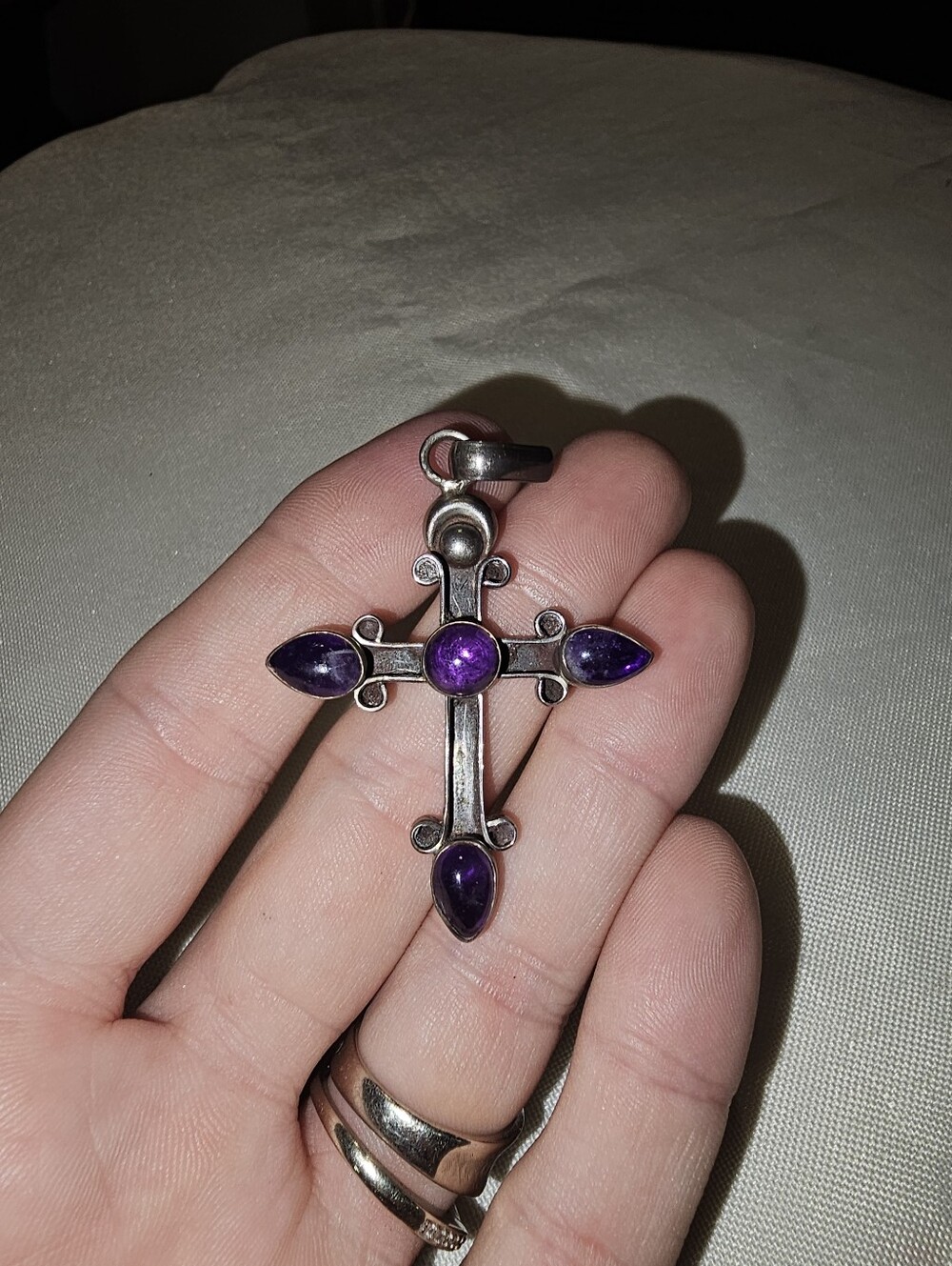 Sterling Silver Cross Pendant with Purple Gemstones